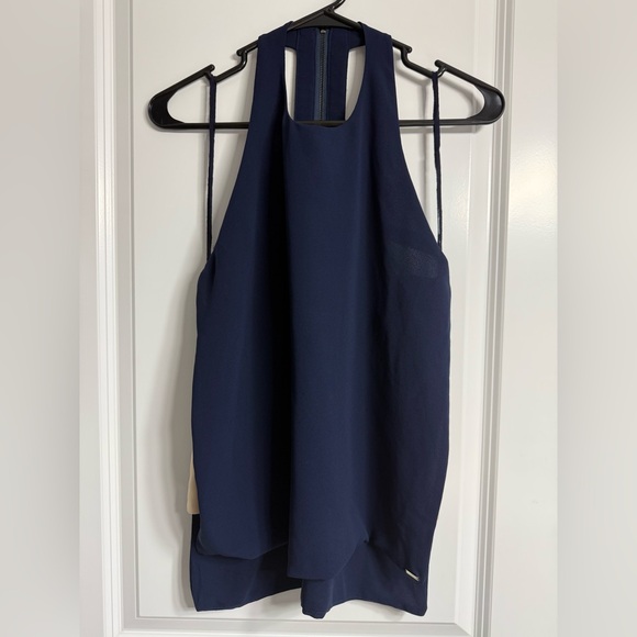 Line & Dot Navy with Cream Side Drape Halter Top Poly Overlay Size XS - Picture 5 of 13